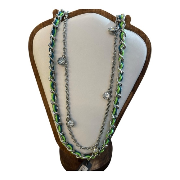 NWT Ann Taylor Necklace Layered Crystal Stations Green Blue Braided Chain 34" - Picture 7 of 7